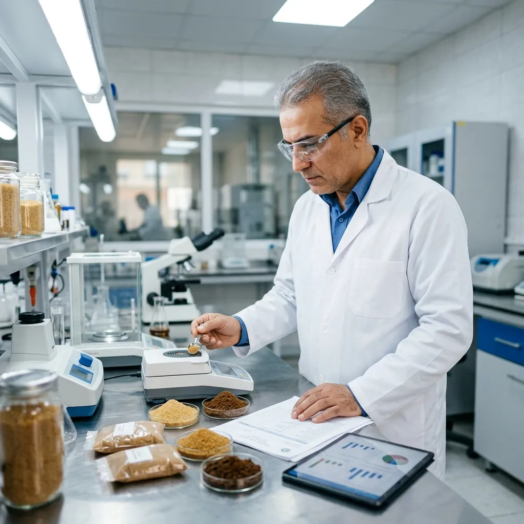 نمونه شکر قهوه‌ ای در آزمایشگاه برای تطبیق با استاندارد ملی و الزامات بهداشتی