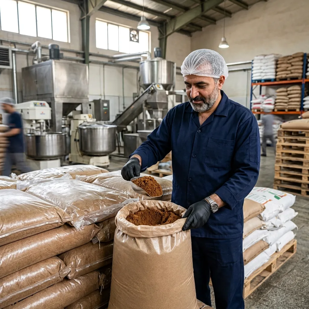 اپراتور با روکش بهداشتی در حال پیمانه کردن شکر قهوه ای